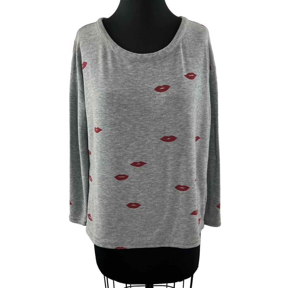 CHASER Gray Sweater Lips Printed Round Neck Long Sleeve Regular Pullover S Small